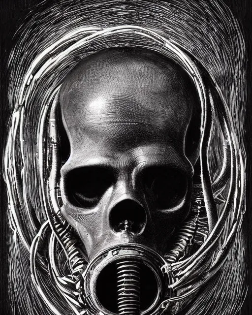 Image similar to dark scary atmospheric detailed outsider cyberpunk dark black skull with mechanical wires and smoke from the netherrealm wearing a gas mask by hr giger and alex grey