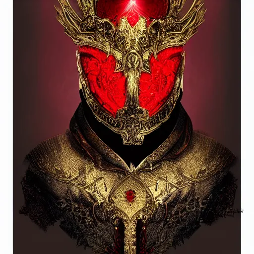 Image similar to portrait of a red king, sharp focus, black hair, full body, highly detailed, intricate, masked, white, regal clothing, gold ethereal light, high fantasy, pop art style