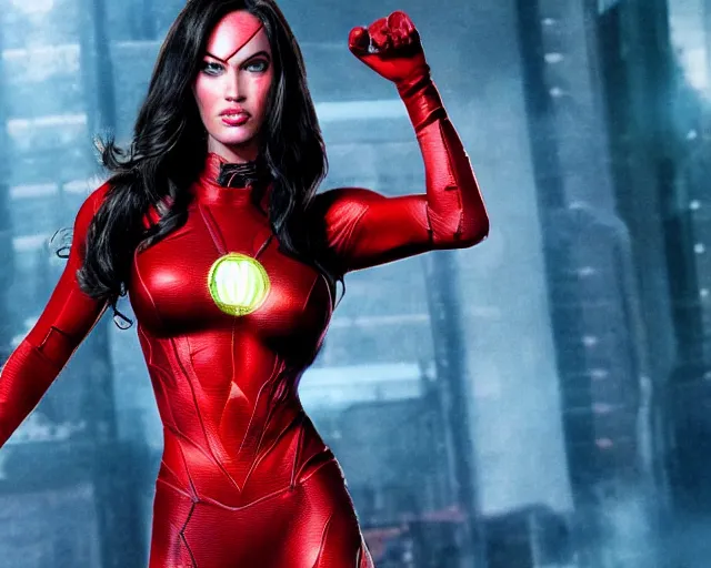 Prompt: full body concept of megan fox as a red lantern, dc comics