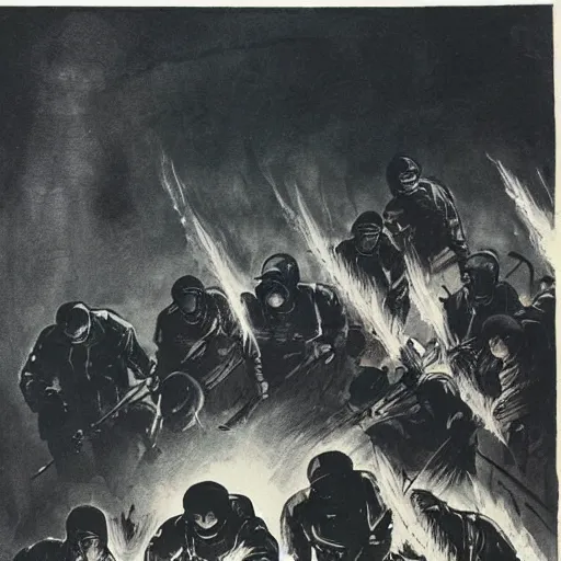 Image similar to mob of torch welding villagers walking up a hill at night. Artwork by Frank Frazetta