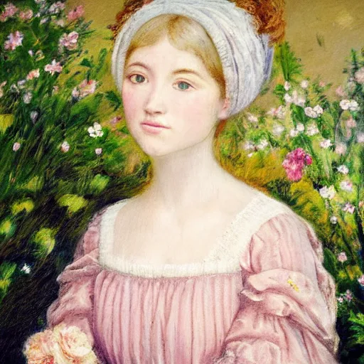 Prompt: portrait of a young lady pink cheeks wearing renaissance dress pale grey and white flowers in the style of impressionist oil painting background renaissance paintings with gold
