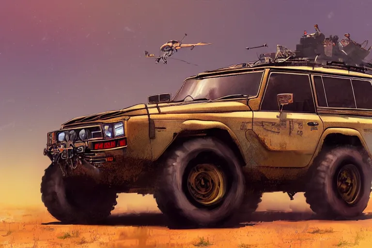 Image similar to digital illustration of mad max's land cruiser pursuit special, the last v 8 interceptor by makoto shinkai, ilya kuvshinov, lois van baarle, rossdraws, basquiat