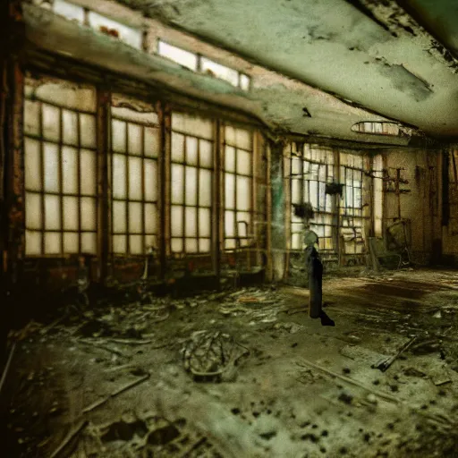 Image similar to photograph of the interior abandoned soviet research lab, weird humanoid monster in the background, liminal space, rundown, backrooms, fluorescent lights, surreal ambiance, film grain, polaroid, brutalist, artstation