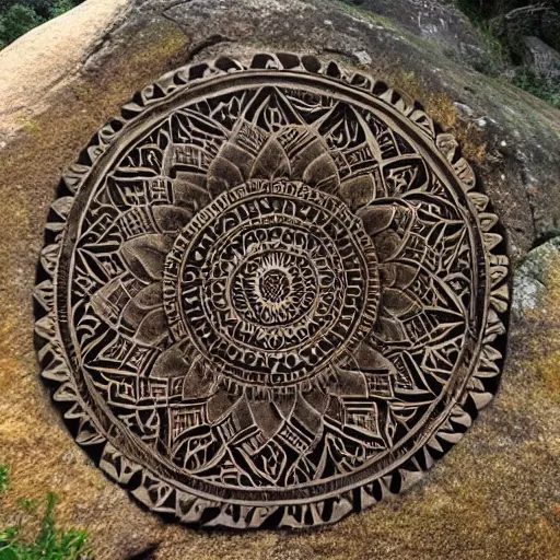 Prompt: mandala carved into the side of a mountain