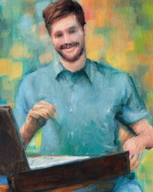 Image similar to an impressionist oil portrait of a young teacher of computer science with a computer, colorful, high resolution