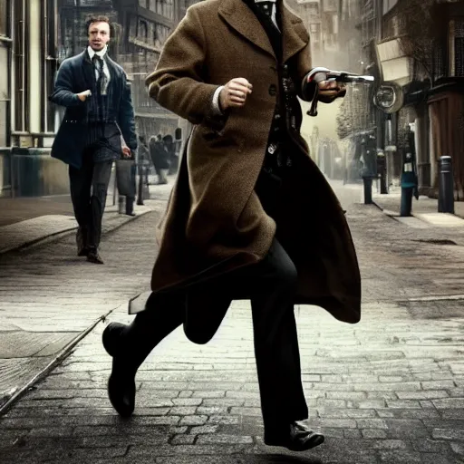 Image similar to [UHD candid photo of Sherlock Holmes running down the streets of futuristic steampunk London, correct face, accurate details, graphic detail, sharp focus by Annie Leibowitz]