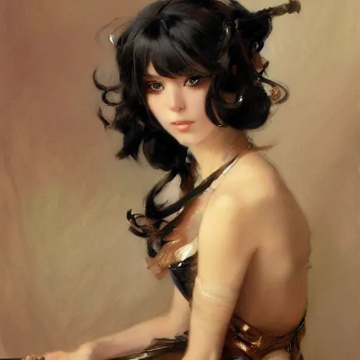 Image similar to a high fashion studio portrait of a cute anime girl, painting by gaston bussiere, craig mullins, j. c. leyendecker