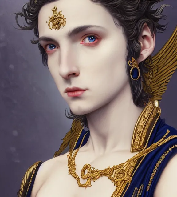 Image similar to god of death, young male, in the underworld, elegant dark blue dress, very detailed, throne, very intricate details, jewelry, gold eyeshadow, elaborate long black hairstyle, wings, cinematic, artstation, william bouguereau, magali villeneuve, greg rutkowski, rossdraws, octane render