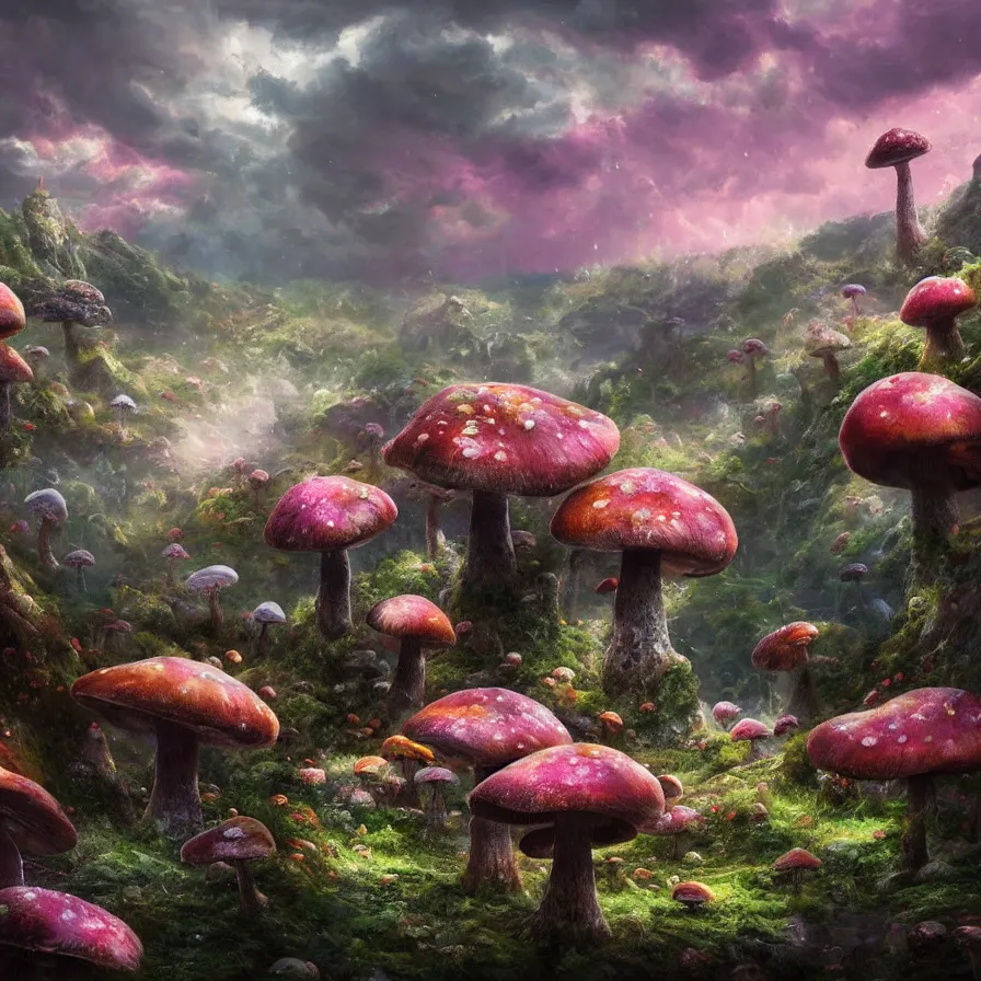 Image similar to incredibly detailed fantasy landscape of a valley with gigantic mushrooms and lichen, god rays, bokeh, raining, pink and blue color scheme, trending on artstation, 8k