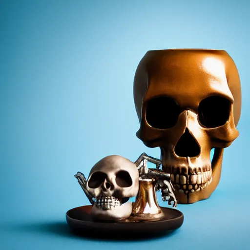 Prompt: a studio photograph of a skull goblet, solid color background, DSLR photography