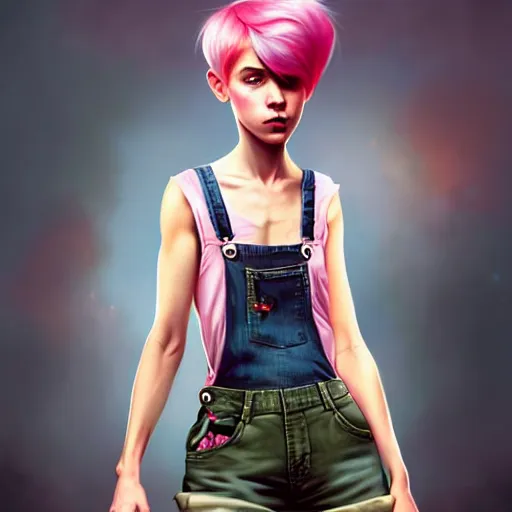Prompt: full body pose, pixar, beautiful androgynous girl, pink pixie cut hair, torn overalls, short shorts, combat boots, fishnets, beautiful, highly detailed face, true anatomy!, extremely detailed!, digital painting, unreal engine 5, art by tom bagshaw