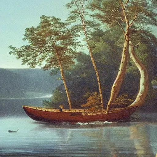 Prompt: Northern Sweden dense forest, a very large sailing boat in a lake. Painting in the style of Hudson River School of Arts