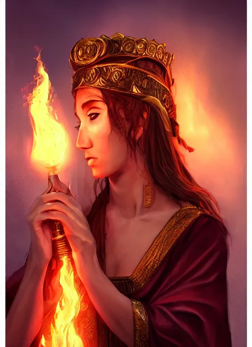 Image similar to Beautiful priestess from the oracle of Delphi, looking into the flames, greek mythology, high face detail, full body, digital art, trending on artstation, dramatic lighting