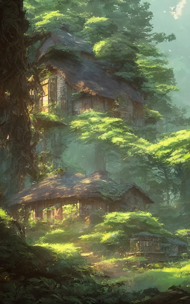 Image similar to Stunning cottage, solar, lush, forest, beautiful, by Studio Ghibli and Greg Rutkowski, artstation