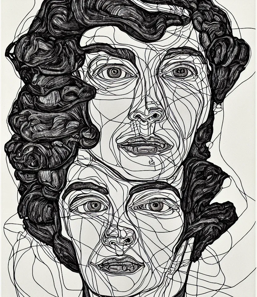 Prompt: detailed line art portrait of margaret bourke - white, inspired by egon schiele. caricatural, minimalist, bold contour lines, musicality, soft twirls curls and curves, confident personality, raw emotion