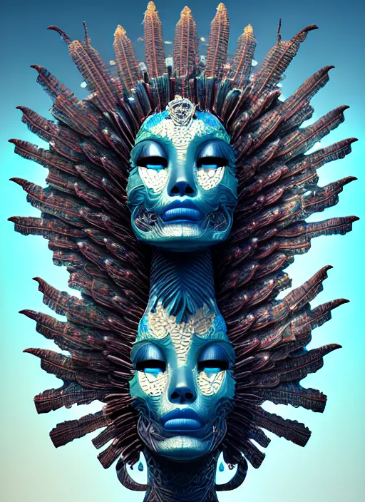 Image similar to 3 d goddess profile portrait, sigma 5 0 0 mm f / 5. beautiful intricate highly detailed quetzalcoatl skull and feathers. bioluminescent, plasma, lava, ice, water, wind, creature, thunderstorm! artwork by tooth wu and wlop and beeple and greg rutkowski, 8 k trending on artstation,