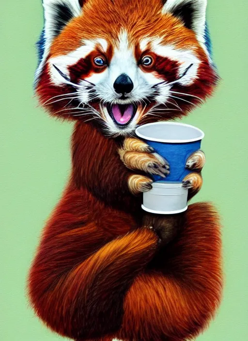 Prompt: red panda, paper cup, fantasy, woodroffe art style, highly detailed, digital painting, artstation, concept art, illustration, art by patrick james woodroffe!!!