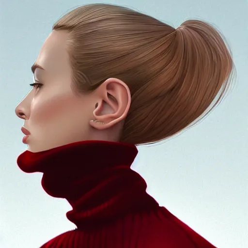 Image similar to girl in dark red turtleneck, black coat, elegant, 2d, ultra highly detailed, digital painting, smooth, sharp focus, artstation, portrait art by Ilya Kuvshinov