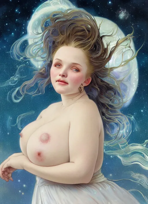 Image similar to a chubby white woman with pointed ears, wearing a white sundress, and a swirling sparkling cloud nebula for hair, realistic painting by ross tran and gerald brom and alphonse mucha, ilya kuvshinov, svetlana tigai, artgerm, trending on artstation