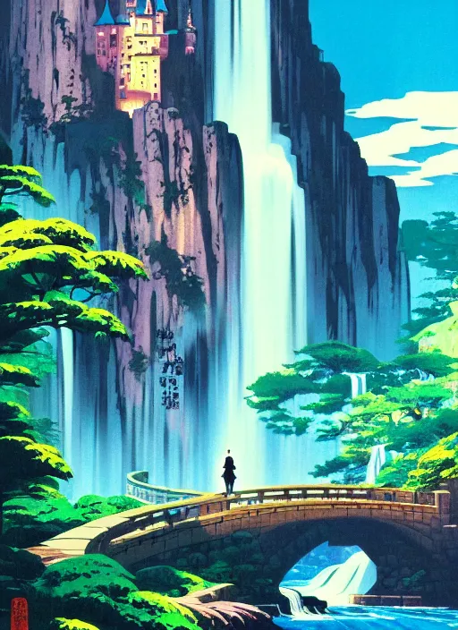 Image similar to magical castle, waterfall, river, scenery wallpaper aesthetic, anime style, beautiful, cinematic, dramatic, super detailed and intricate, hyper realistic, by koson ohara, by darwyn cooke, by hiroshi yoshida