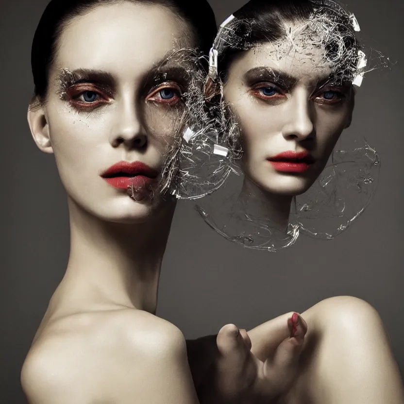 Image similar to stunning close up portrait of a woman from a fashion model with large prada dress, symmetrical face, sci-fi skin, in parisian luxury studio decorated, official prada editorial, by Hendrik Kerstens, by Zhang Jingna, by norman rockwell, highly detailed