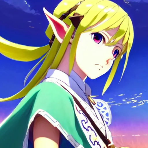 Image similar to a beautiful! young feminine link from botw, wearing japanese catholic school girl outfit with mayan pattern and native style, aztec street fashion, guilty gear art direction, perfect anime face, gapmoe yandere grimdark, trending on pixiv fanbox, painted by greg rutkowski makoto shinkai takashi takeuchi studio ghibli, akihiko yoshida