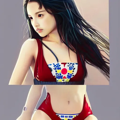 Image similar to a beautiful young japanese natalie portman alluring gravure model, stylized concept art, wearing elegant designer bomber jacket and one piece bikini, bomber jacket with mesoamerican patterns, mesoamerican native street fashion, princess mononoke, painted by ilya kuvshinov aesthetic, gorgeous, stunning, alluring, attractive, artstation, pinterest, digital art
