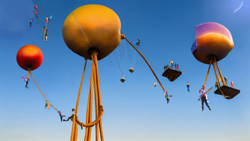 Image similar to large colorful futuristic space age steampunk balloons with people on rope swings underneath, flying high over the beautiful countryside landscape, professional photography, 8 0 mm telephoto lens, realistic, detailed, digital art, unreal engine