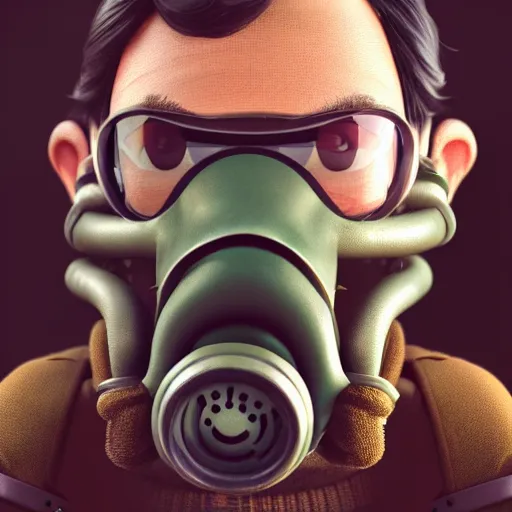 Image similar to waluigi wearing a soviet gasmask, cgi, artstation, octane render, portrait photography, lucasfilm, cinematic