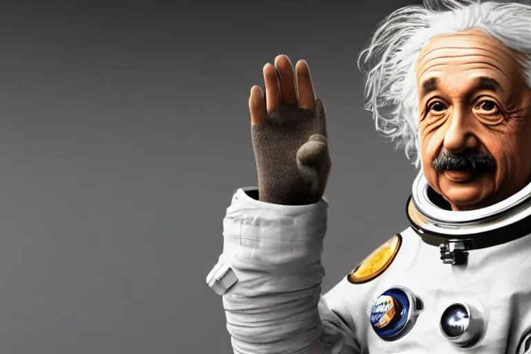 Image similar to still photo of albert einstein in spacesuit, highly detailed, photorealistic shot, bright studio setting, studio lighting, crisp quality and light reflections, unreal engine 5 quality render