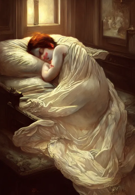 Image similar to innocent child sleeping in a moody beautiful victorian bedroom, fantasy magic, dark light night, intricate, elegant, sharp focus, illustration, highly detailed, digital painting, concept art, matte, art by wlop and artgerm and greg rutkowski and alphonse mucha, masterpiece
