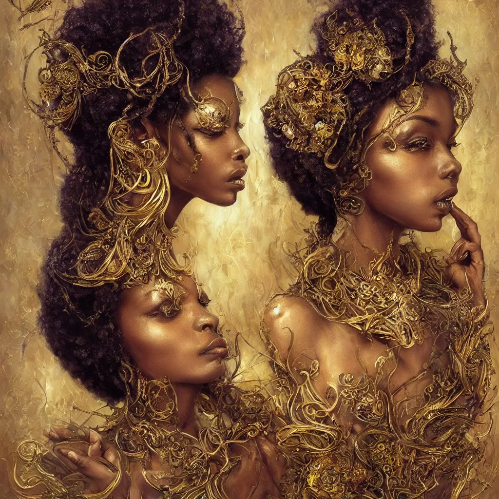 Prompt: queen, african woman, flowers, dark pastel color scheme, jugendstil background, gold filigree, by karol bak, by emil melmoth, by daniel gerhartz, intricate, highly detailed, digital painting, artstation, concept art, smooth, sharp focus, illustration