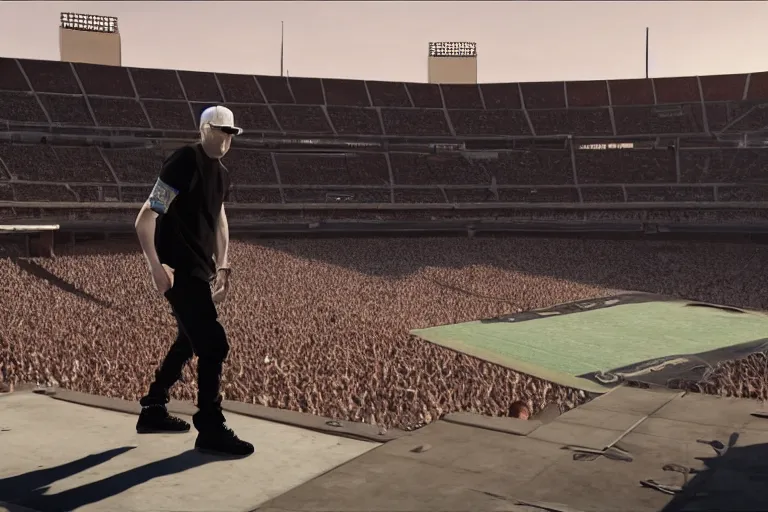 Image similar to eminem rapping in front of an empty stadium and sad, hyper detailed, smooth, unreal engine, sharp focus, ray tracing