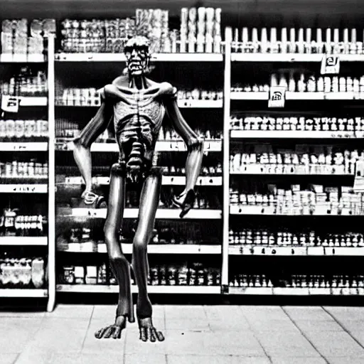 Image similar to foto of frankenstein in the grocery store, restored color, 4 k