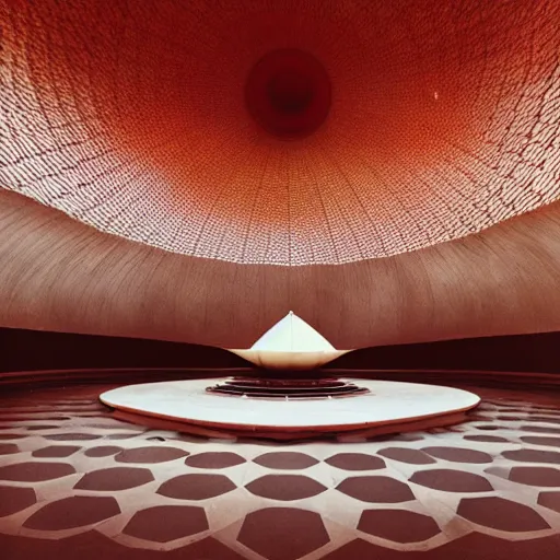 Image similar to interior of a futuristic lotus temple with gold, red and white marble panels, in the desert, by buckminster fuller and syd mead, intricate contemporary architecture, photo journalism, photography, cinematic, national geographic photoshoot