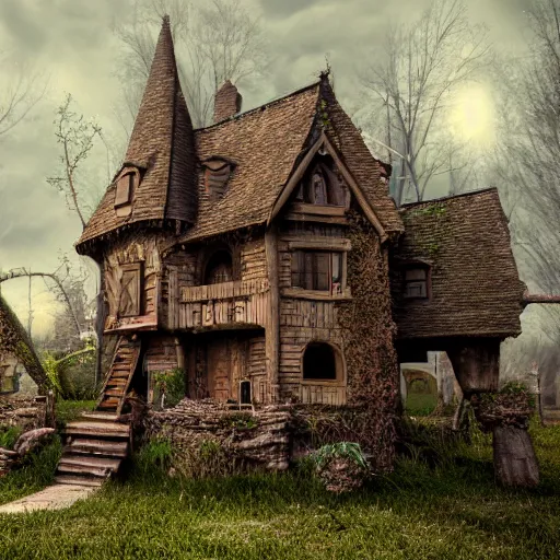 Image similar to a witches house, epic scene, redshift render, cgi, hyper - detailed, photo - bash, 8 k post - production, masterpiece