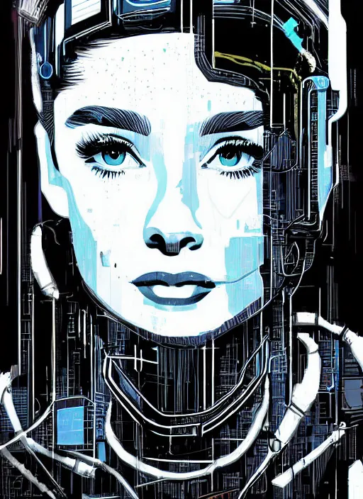 Image similar to audrey hepburn, detailed cyberpunk portrait by tim doyle