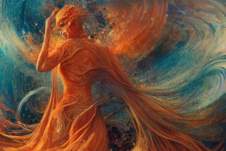 Prompt: ocean of canvas catching fire, emotional, intricate, ornate, art nouveau, inspired by reylia slaby, peter gric, volumetric lighting, more more more more more more more