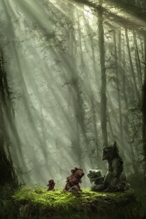 Image similar to mean fluffy teddybear protecting girl in a forest with rays of light coming through the canopy, masterpiece, dystopian, sci-fi, extremely detailed, digital painting, sculpted in zbrush, artstation, concept art, smooth, sharp focus, illustration, chiaroscuro lighting, golden ratio, incredible art, artgerm, greg rutkowski, alphonse mucha, simon stalenhag, carravaggio