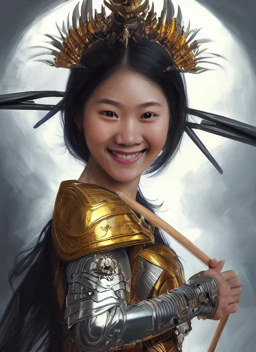 Prompt: Close-up portrait of smiling young asian woman wearing a winged helmet and black armor with skulls, holding a magic staff, portrait, highly detailed, digital painting, artstation, concept art, sharp focus, illustration, art by artgerm and greg rutkowski and alphonse mucha