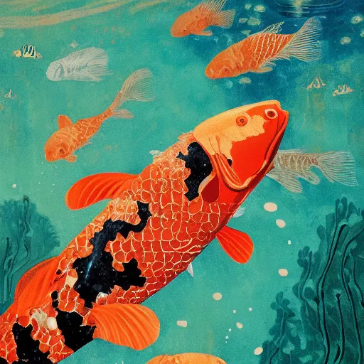 Image similar to giant koi carper in a magical underwater world, little boy sitting on his back oil painting victo ngai