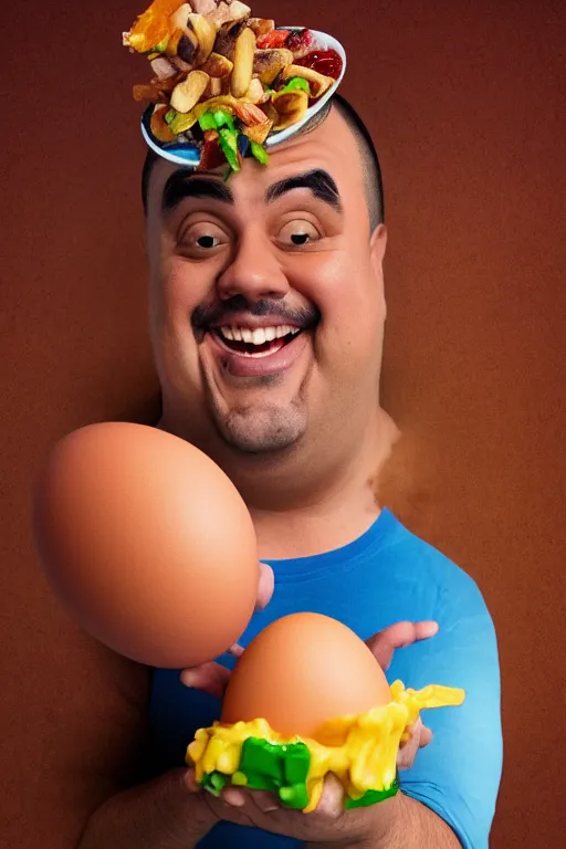 Image similar to 📷 gabriel iglesias comedian the egg 🥚, made of food, head portrait, dynamic lighting, 4 k