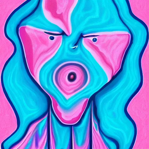 Prompt: upset crying pink ice cream crying sky blue waffle cone face, high definition, beautiful mystical digital classic inspired rendered painting