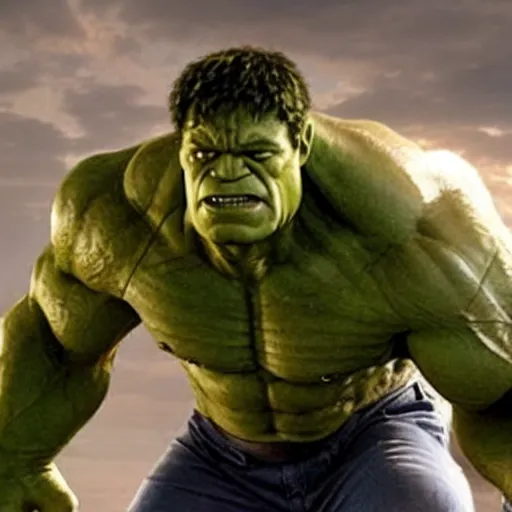 Image similar to a still of tom hanks as the hulk in the avengers movie