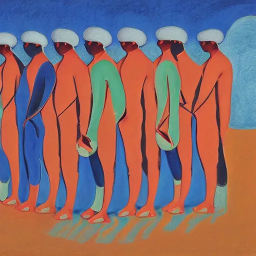 Image similar to soft, curvaceous by mati klarwein, by marsden hartley, by tatsuro kiuchi. a beautiful experimental art of a group of people standing in a line. they are all facing the same direction & appear to be waiting for something.