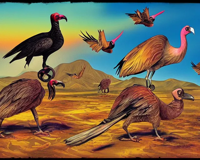 Image similar to cartoonish vultures feeding on carrion in the desert, caricature, surreal, colorful