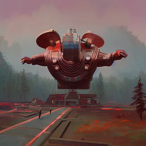 Image similar to thor the god of thunder landing on the ground simon stalenhag