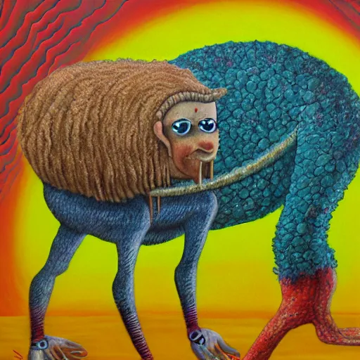 Prompt: an anthromorphic reptiloid using the force to levitate a sheep, by amanda clark in a psychedelic style, oil on canvas