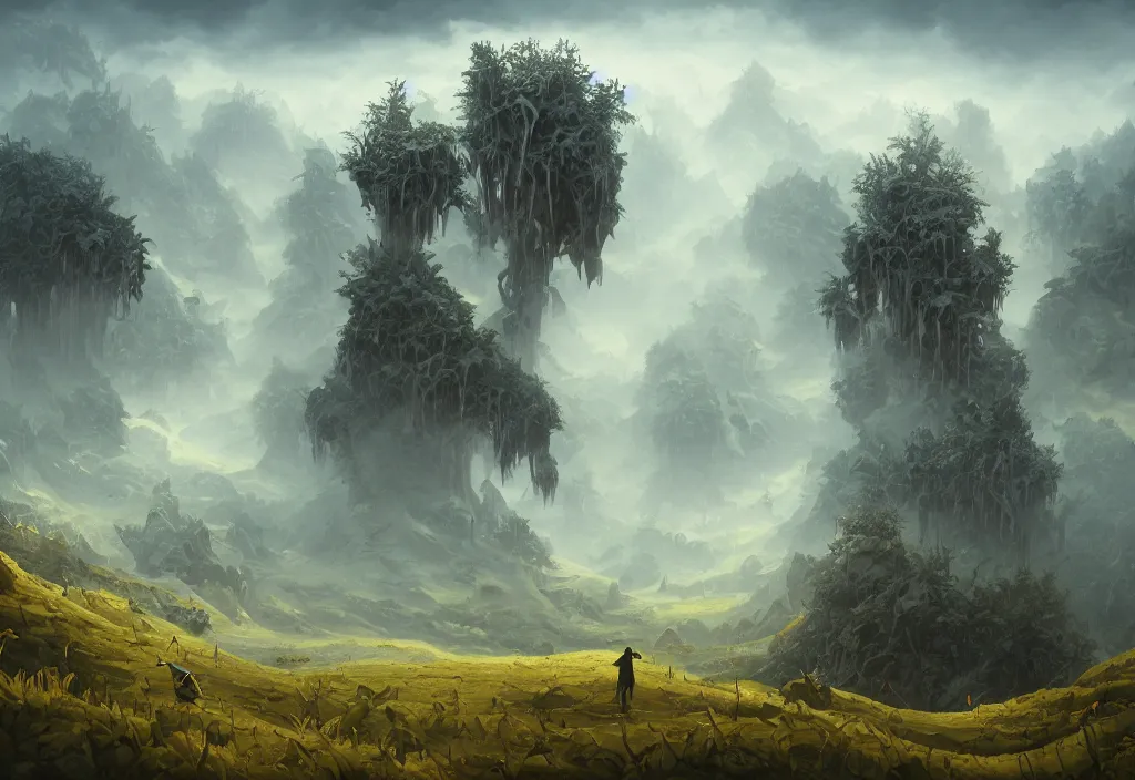 Image similar to hell landscape without people, high trees, top of the hill, above low layered clouds, deep focus, fantasy, intricate, elegant, highly detailed, digital painting, artstation, concept art, matte, sharp focus, illustration, hearthstone, art by rhads and artgerm and greg rutkowski and alphonse mucha. gediminas pranckevicius