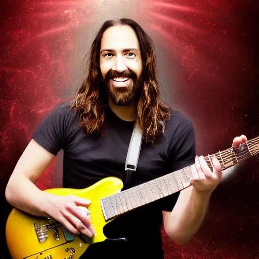 Image similar to a photo of Jesus Christ playing electric guitar smiling, HDR 8k